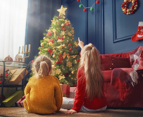 Sisters near Christmas tree — Stock Photo, Image
