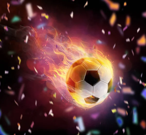 Piłka Nożna Piłka Jasny Symbol Flamy Czarnym Tle — Zdjęcie stockowe