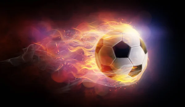 Pallone Calcio Luminoso Simbolo Fiammeggiante Sullo Sfondo Nero — Foto Stock