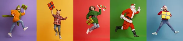 Niños y Papá Noel sobre fondo multicolor . — Foto de Stock