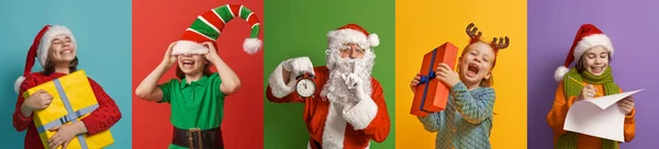 Crianças e Papai Noel em fundo multicolorido . — Fotografia de Stock