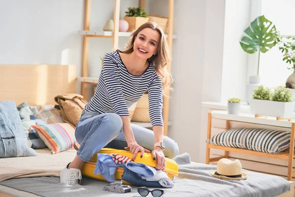 Adventure Happy Woman Preparing Journey Young Person Suitcases — Stock Photo, Image