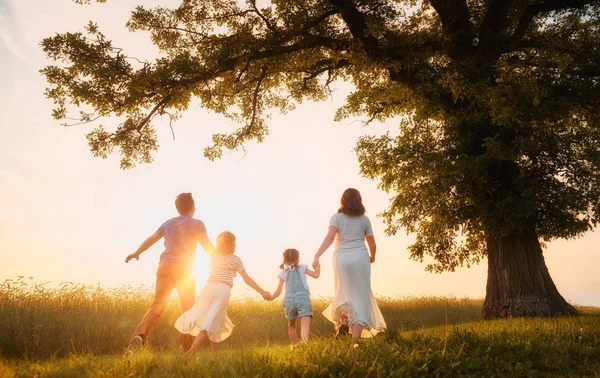 Família Feliz Passeio Verão Mãe Pai Filhas Caminhando Parque Desfrutando — Fotografia de Stock