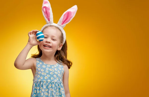 Cute Little Child Wearing Bunny Ears Easter Day Girl Yellow — Stock Photo, Image