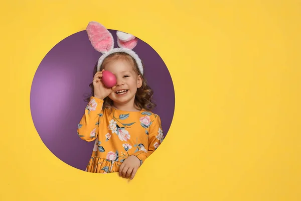 Cute Little Child Wearing Bunny Ears Easter Day Girl Painted — Stock Photo, Image
