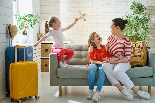 Adventure Happy Family Preparing Journey Mom Daughters Packing Suitcases Trip — Stock Photo, Image