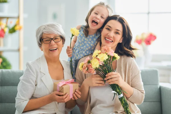 Happy Mother Day Child Daughter Congratulating Mom Granny Giving Them — Stock Photo, Image