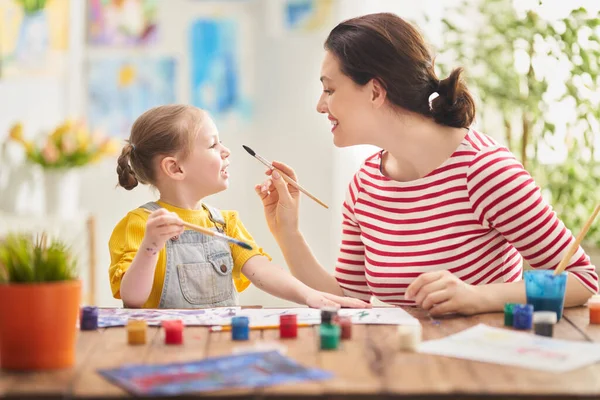 Happy Family Mother Daughter Painting Together Adult Woman Helping Child — Stock Photo, Image