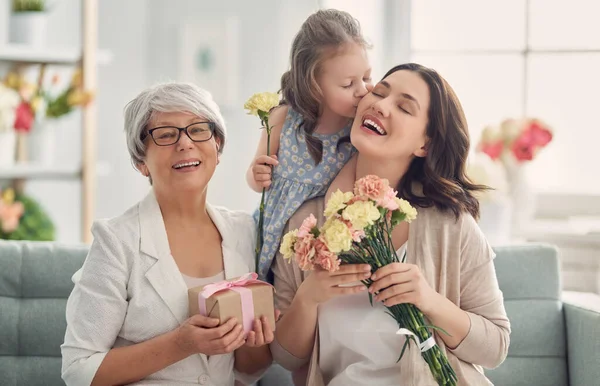 Happy Mother Day Child Daughter Congratulating Mom Granny Giving Them — Stock Photo, Image