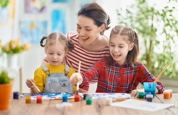 Happy Family Mother Daughters Painting Together Adult Woman Helping Child — Stock Photo, Image