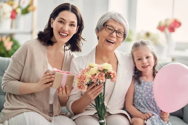 Happy Mother Day Child Daughter Congratulating Mom Granny Giving Them — Stock Photo, Image