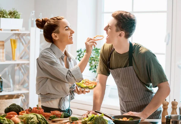 Healthy Food Home Happy Loving Couple Preparing Proper Meal Kitchen — Stock Photo, Image