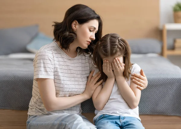 Mother Feeling Sorry Crying Child Mum Hugging Her Daughter — Stock Photo, Image