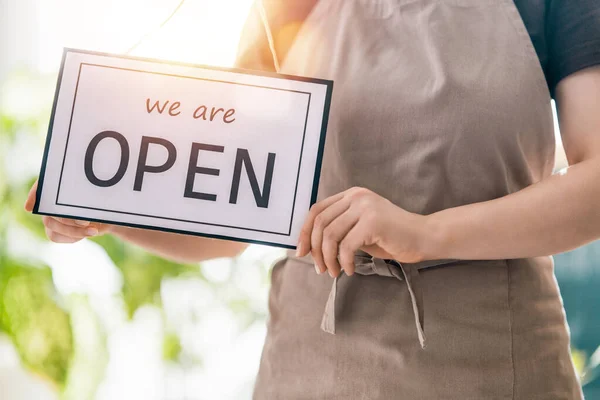 Small Business Owner Holding Sign Reopening Place Quarantine Due Covid — Stock Photo, Image