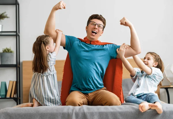 Father His Children Playing Together Girls Dad Superhero Costume Daddy — Stock Photo, Image