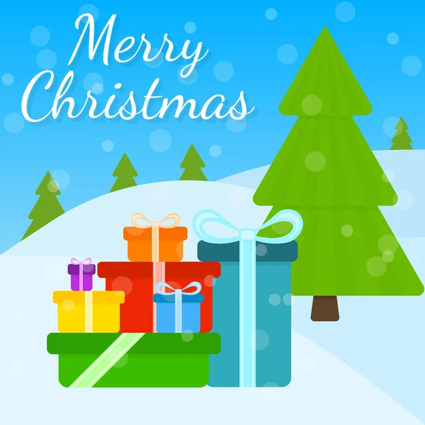 Рождественская открытка с подарками и елкой Векторная Графика