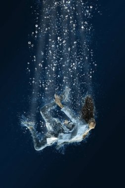 Woman is drowning under water. Horrible dream clipart