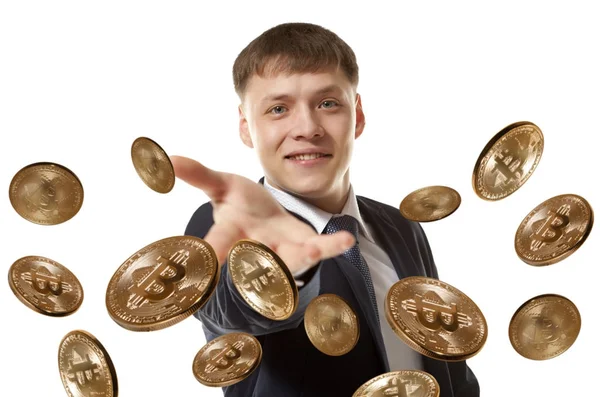 Uomo Affari Felice Gettando Bitcoin — Foto Stock
