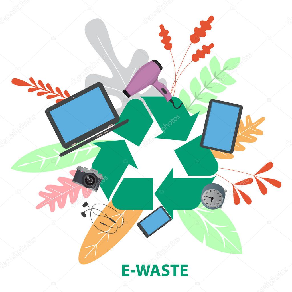 Electronic waste.  Recycling symbol with discarded electrical and electronic devices. Isolated on a white background. Vector illustration in flat style.