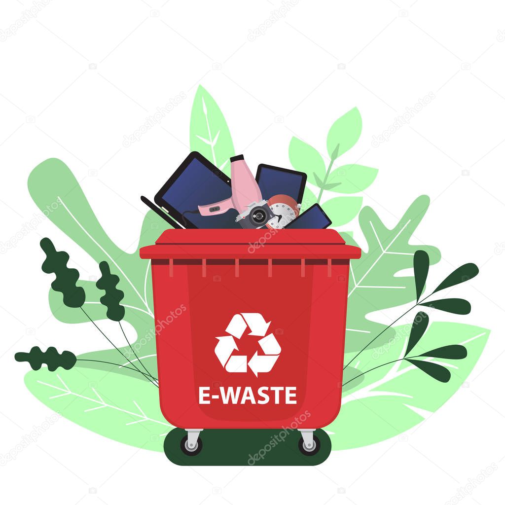 Electronic waste in red recycling bin with discarded electrical and electronic devices. Isolated on a white background. Vector illustration in flat style.
