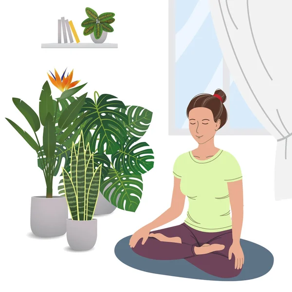 Chica sonriente practicando yoga y disfrutando de la meditación . Ilustración de stock