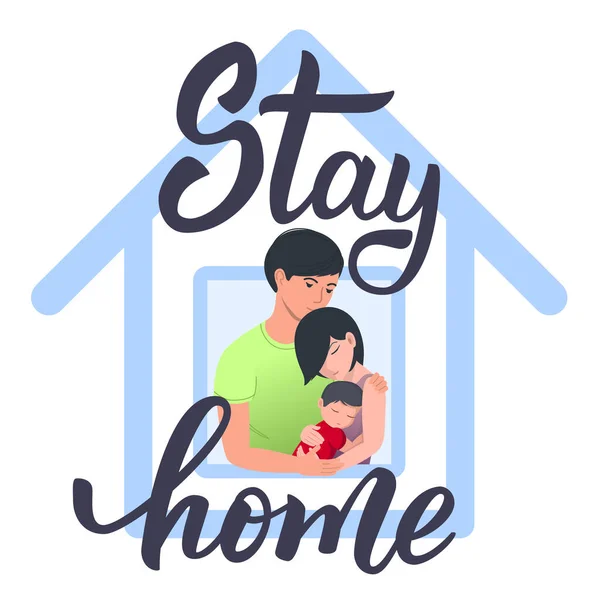 Handschriftlicher Originaltext Stay Home Familie Schaut Aus Dem Fenster Coronavirus — Stockvektor