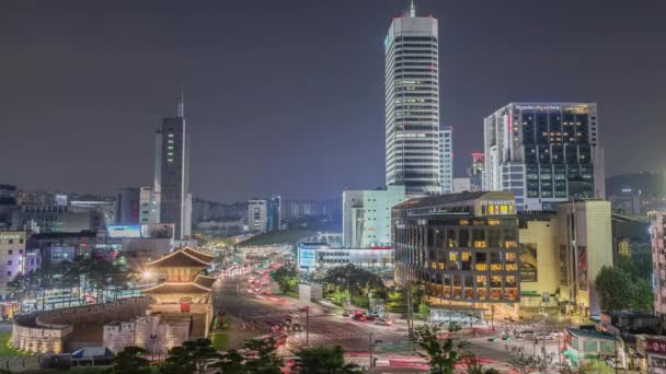 Seoul nacht verkeer tijd vervallen panorama — Stockvideo