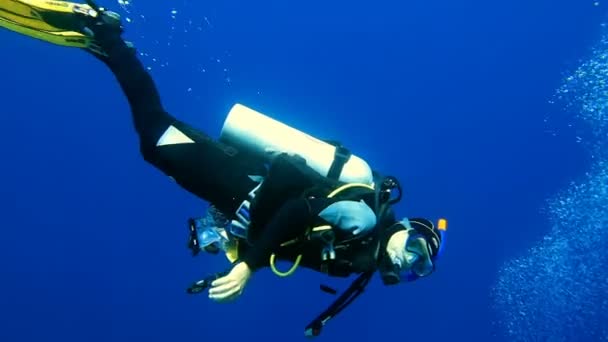 BUNAKEN, SULAWESI / INDONESIA - CIRCA SEPTEMBER / 2012: Diver makes OK sign — стоковое видео