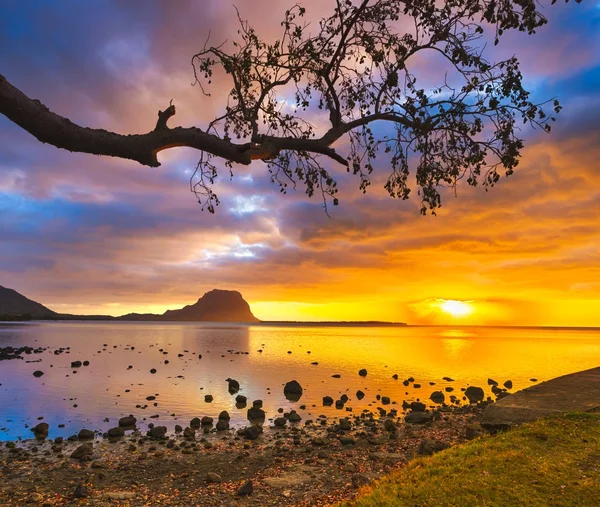 Amazing Landscape. View of Le Morne Brabant at sunset. Mauritius — Stock Photo, Image