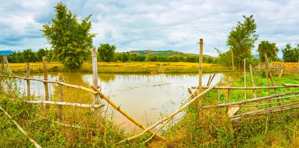 Piękny krajobraz wiejski, staw na pierwszym planie. Laos. Panorama — Zdjęcie stockowe