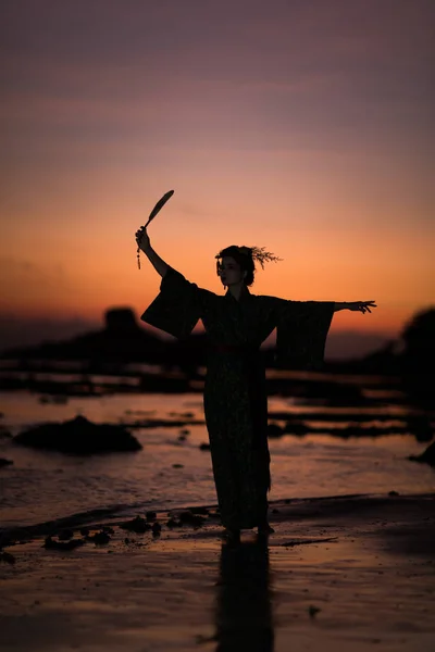 Kimonolu Japon Geyşa 'nın silueti ve yelpaze. — Stok fotoğraf