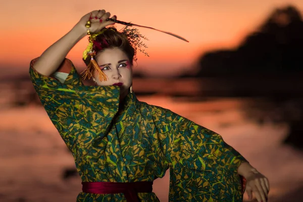 Ritratto Arte Della Donna Europea Stile Geisha Giapponese Con Indosso — Foto Stock