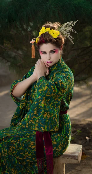 Fine Art Portrait Beautiful Woman Japanese Geisha Style Wearing Kimono — ストック写真