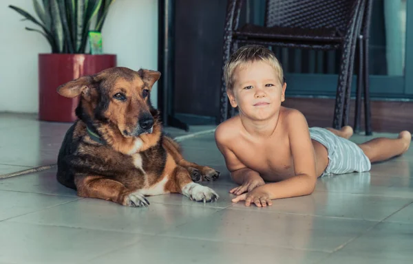 Портрет Хлопчика Собакою Самоізоляція Домашніх Умовах — стокове фото