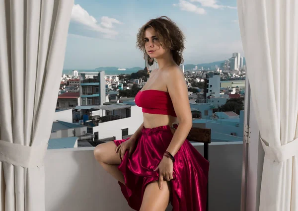 Fashion Style Portrait Beautiful Woman Red Balcony — Stock Photo, Image