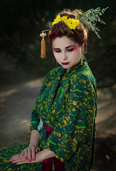 Výtvarné Umění Portrét Krásné Ženy Japonském Stylu Gejša Sobě Kimono — Stock fotografie