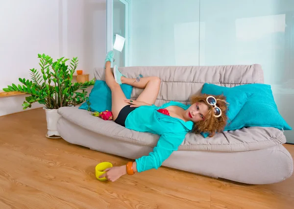 Woman Laying Sofa Self Isolation Quarantine Concept — Stock Photo, Image