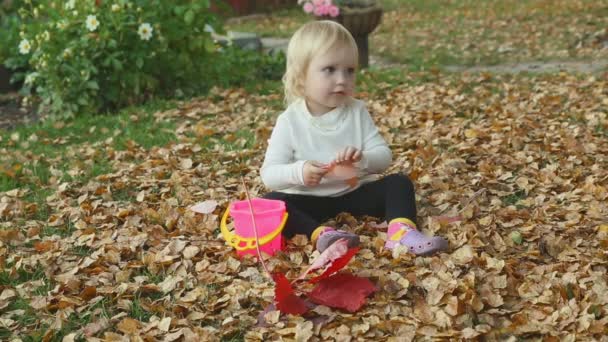 Niedliches kleines Mädchen spielt im Herbst mit Blättern — Stockvideo