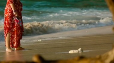 Kadınlar sahilde yürür.