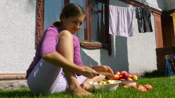 Femme coupe des pommes pour la confiture — Video