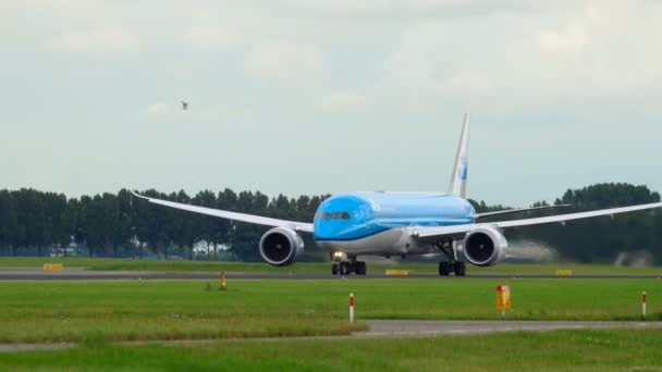 KLM Dreamliner acelerar e decolar — Vídeo de Stock