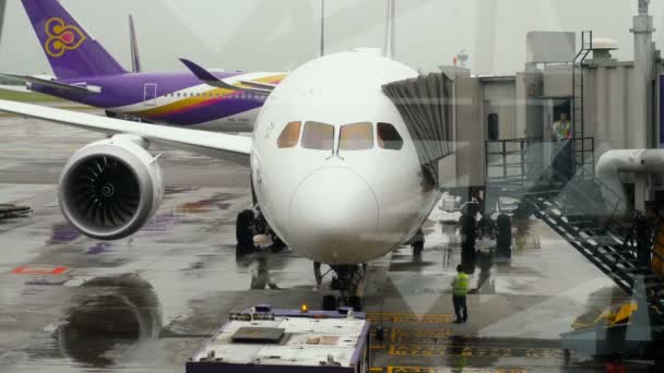 Dreamliner υπηρεσίας στο αεροδρόμιο Suvarnabhumi — Αρχείο Βίντεο