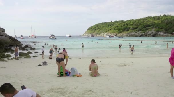 Туристы в воде на пляже острова Рая — стоковое видео