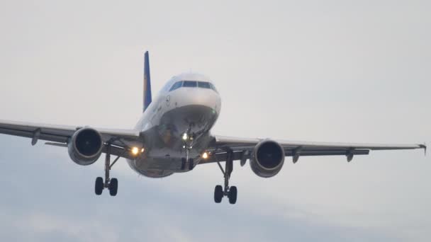 Flygplan som närmar sig på tidigt på morgonen — Stockvideo