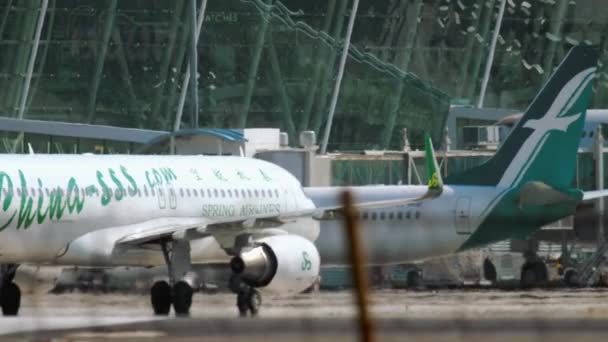 Airbus A320 Spring Airlines taxiing after landing — Stockvideo