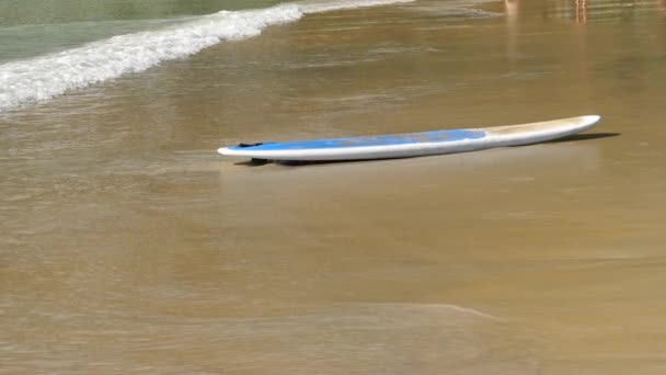 Tabla de surf en la playa de arena tropical vacía . — Vídeo de stock