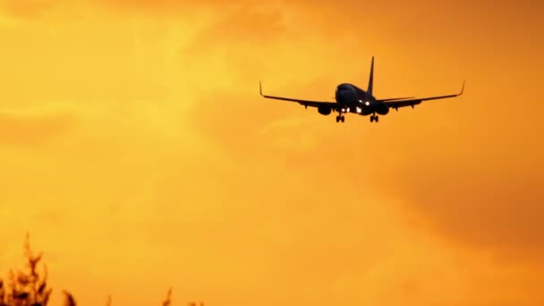 Літак наближається над океаном під час заходу сонця — стокове відео