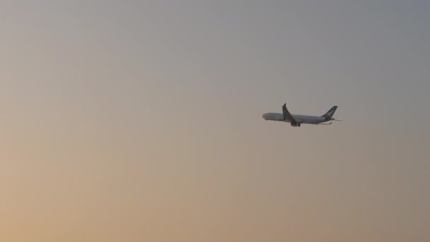 Airbus A330 Cathay Pacific vertrek bij zonsondergang — Stockvideo