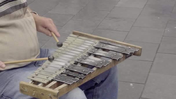 Уличный музыкант играет на самодельном ксилофоне — стоковое видео
