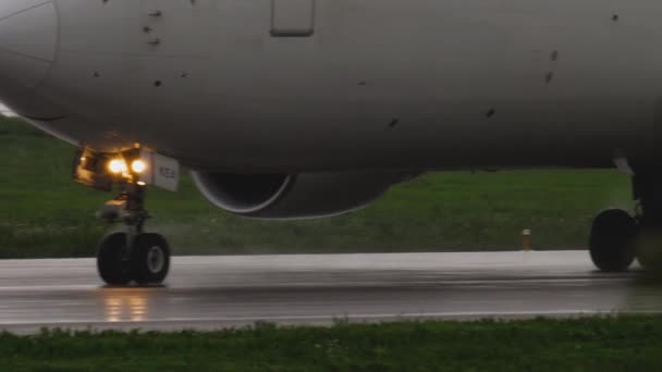 Widebody airplane landing at rainy weather — Stock Video